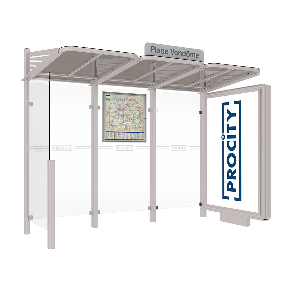 Station bus Conviviale bardages verre RAL7044 - Caisson lumineux VIP à droite et bardage à gauche - PROCITY - 529366.7044