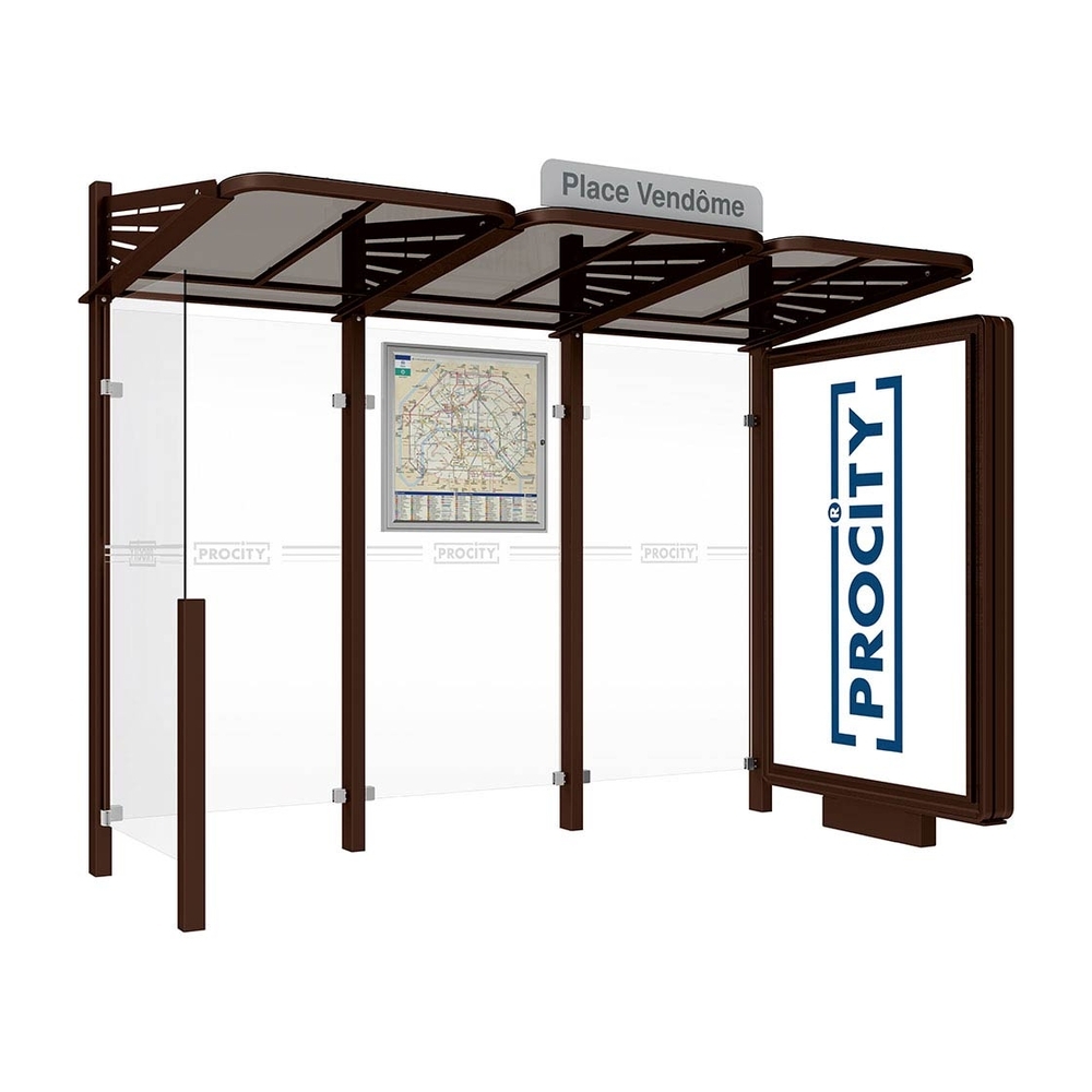 Station bus Conviviale bardages verre RAL8017 - Caisson lumineux VIP à droite et bardage à gauche - PROCITY - 529366.8017