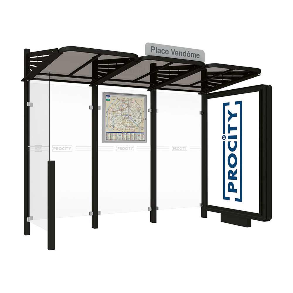 Station bus Conviviale bardages verre RAL9005 - Caisson lumineux VIP à droite et bardage à gauche - PROCITY - 529366.9005