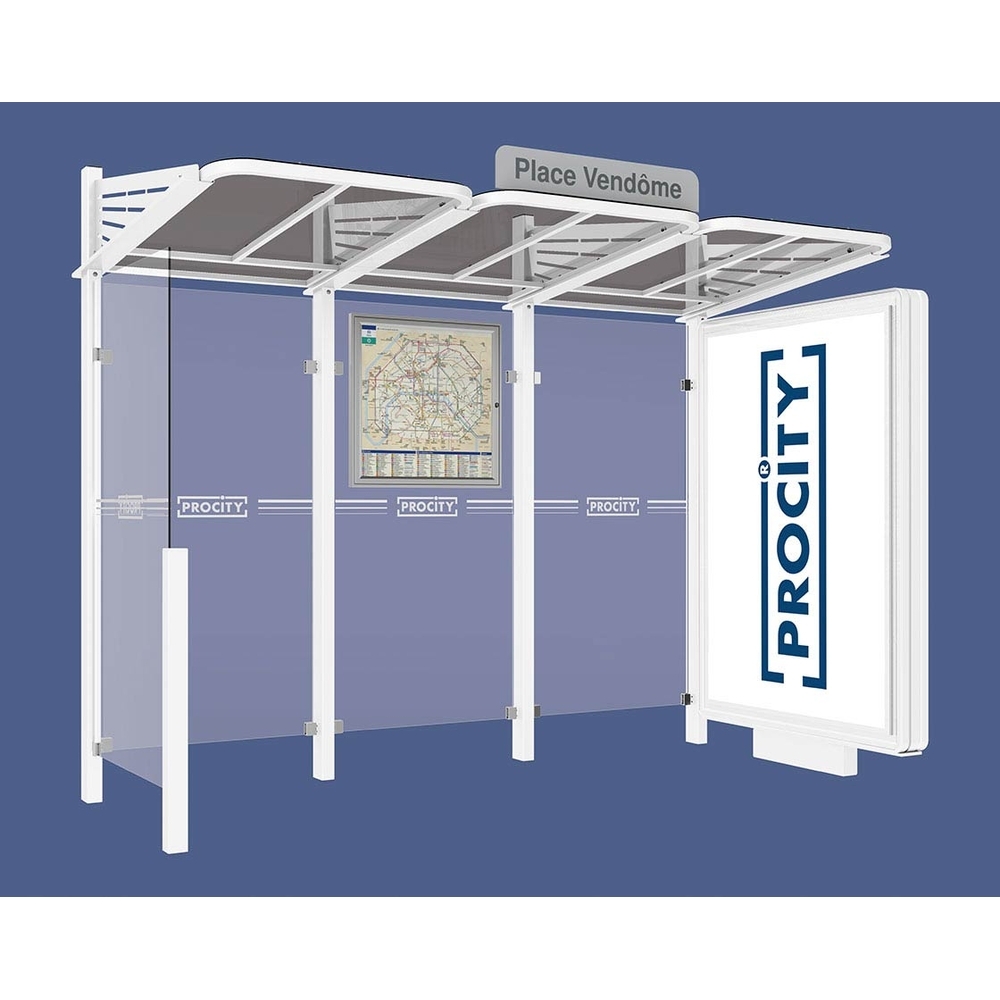 Station bus Conviviale bardages verre RAL9010 - Caisson lumineux VIP à droite et bardage à gauche - PROCITY - 529366.9010