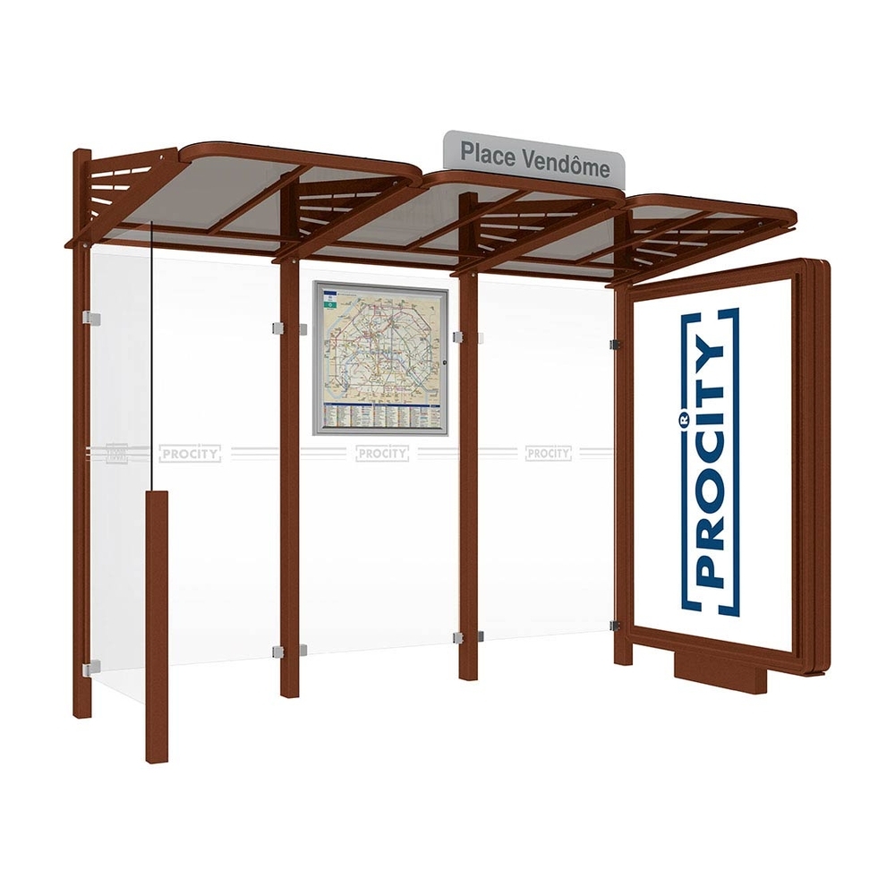 Station bus Conviviale bardages verre Aspect Corten - Caisson lumineux VIP à droite et bardage à gauche - PROCITY - 529366.S025