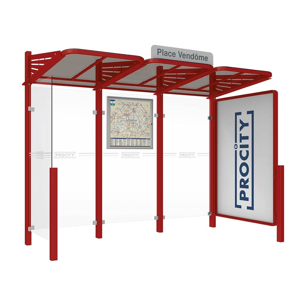 Station bus Conviviale bardages verre RAL3004 - Vitrine 2000mm à droite et bardage gauche - PROCITY - 529385.3004