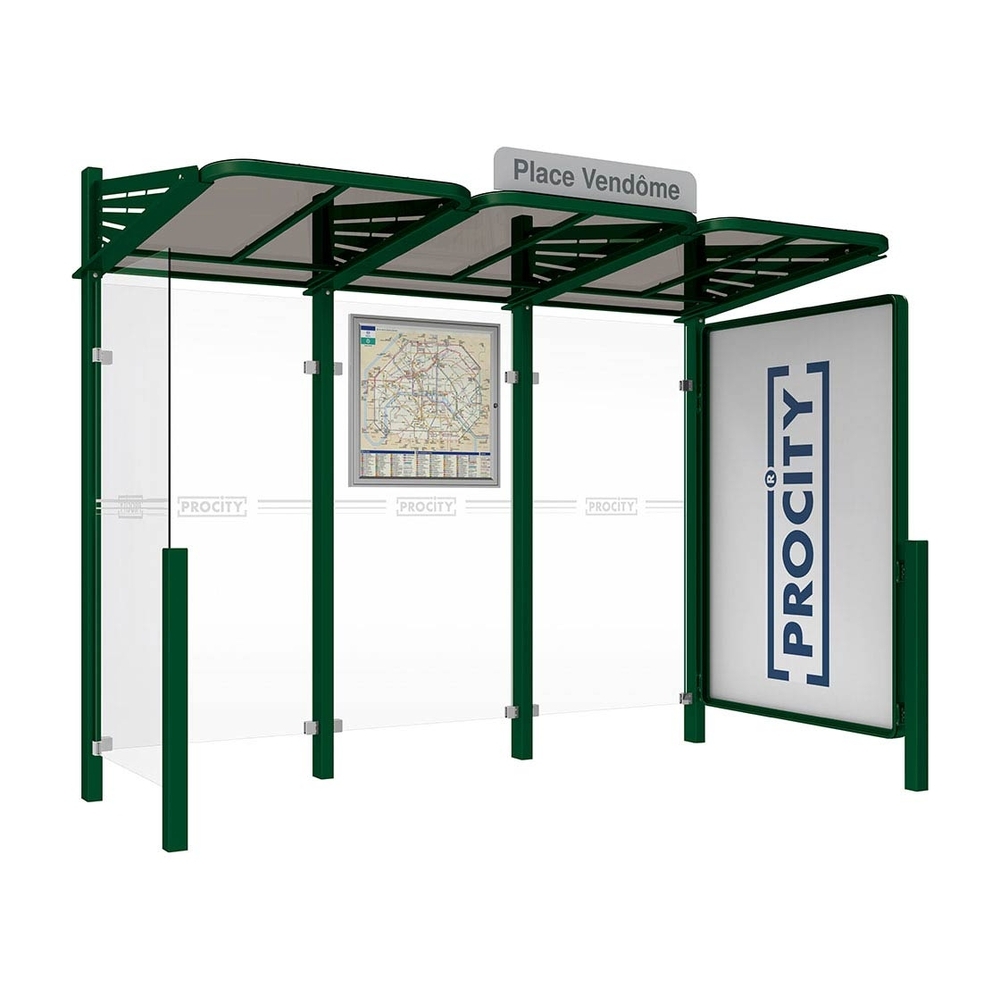 Station bus Conviviale bardages verre RAL6005 - Vitrine 2000mm à droite et bardage gauche - PROCITY - 529385.6005