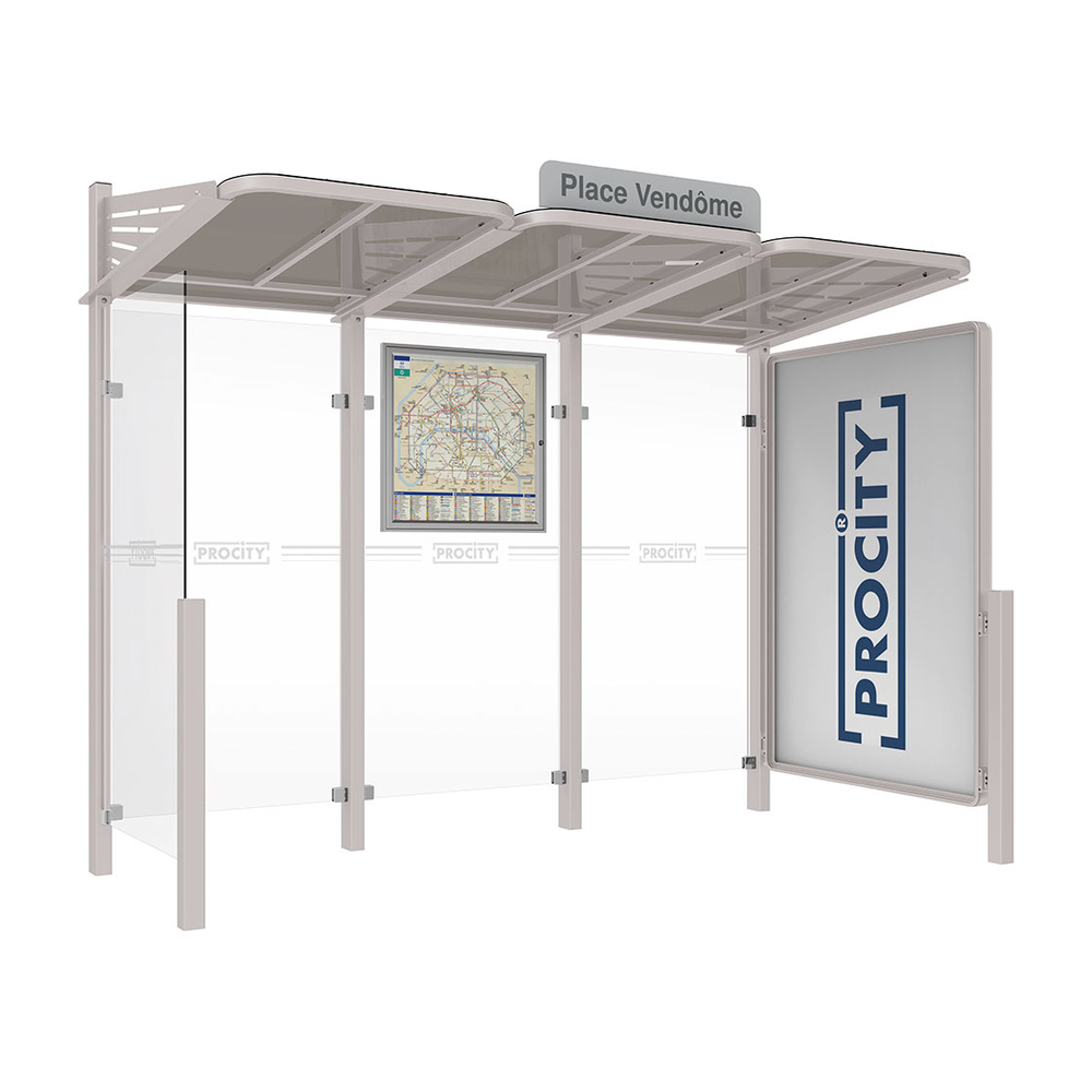 Station bus Conviviale bardages verre RAL7044 - Vitrine 2000mm à droite et bardage gauche - PROCITY - 529385.7044