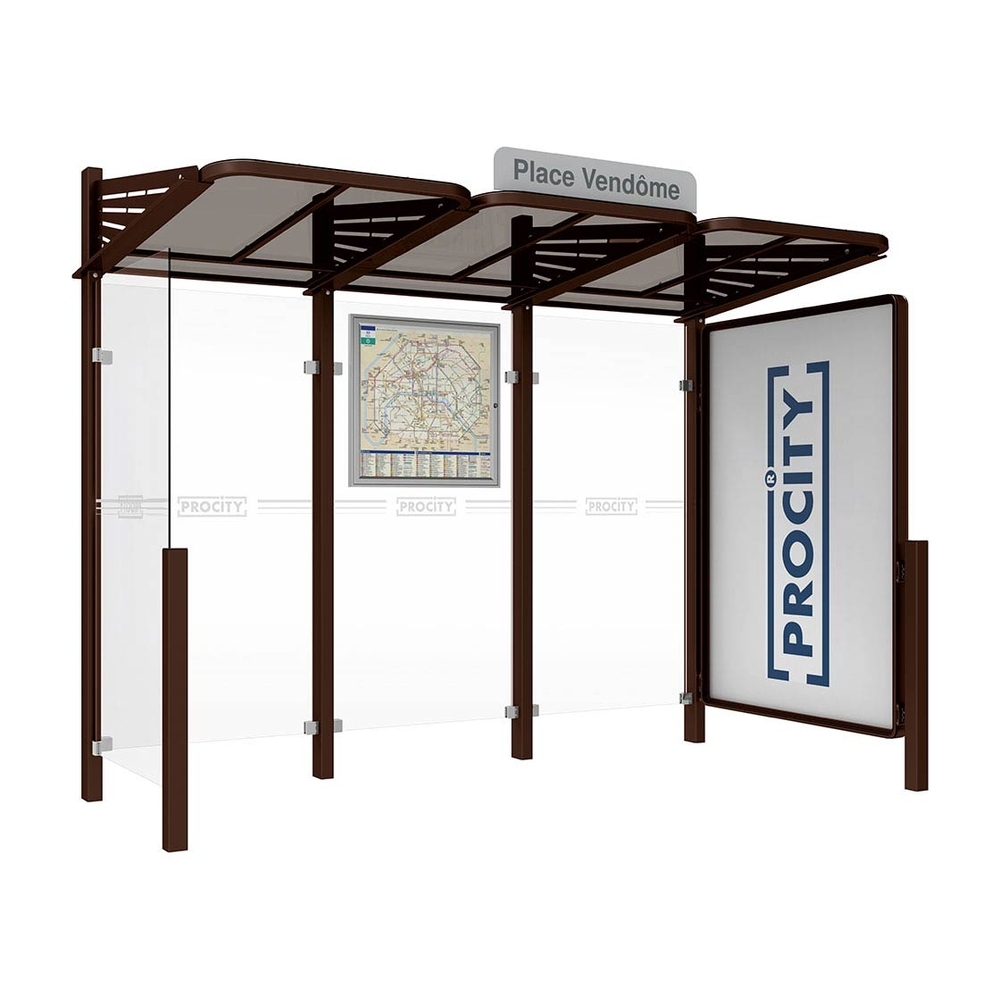 Station bus Conviviale bardages verre RAL8017 - Vitrine 2000mm à droite et bardage gauche - PROCITY - 529385.8017