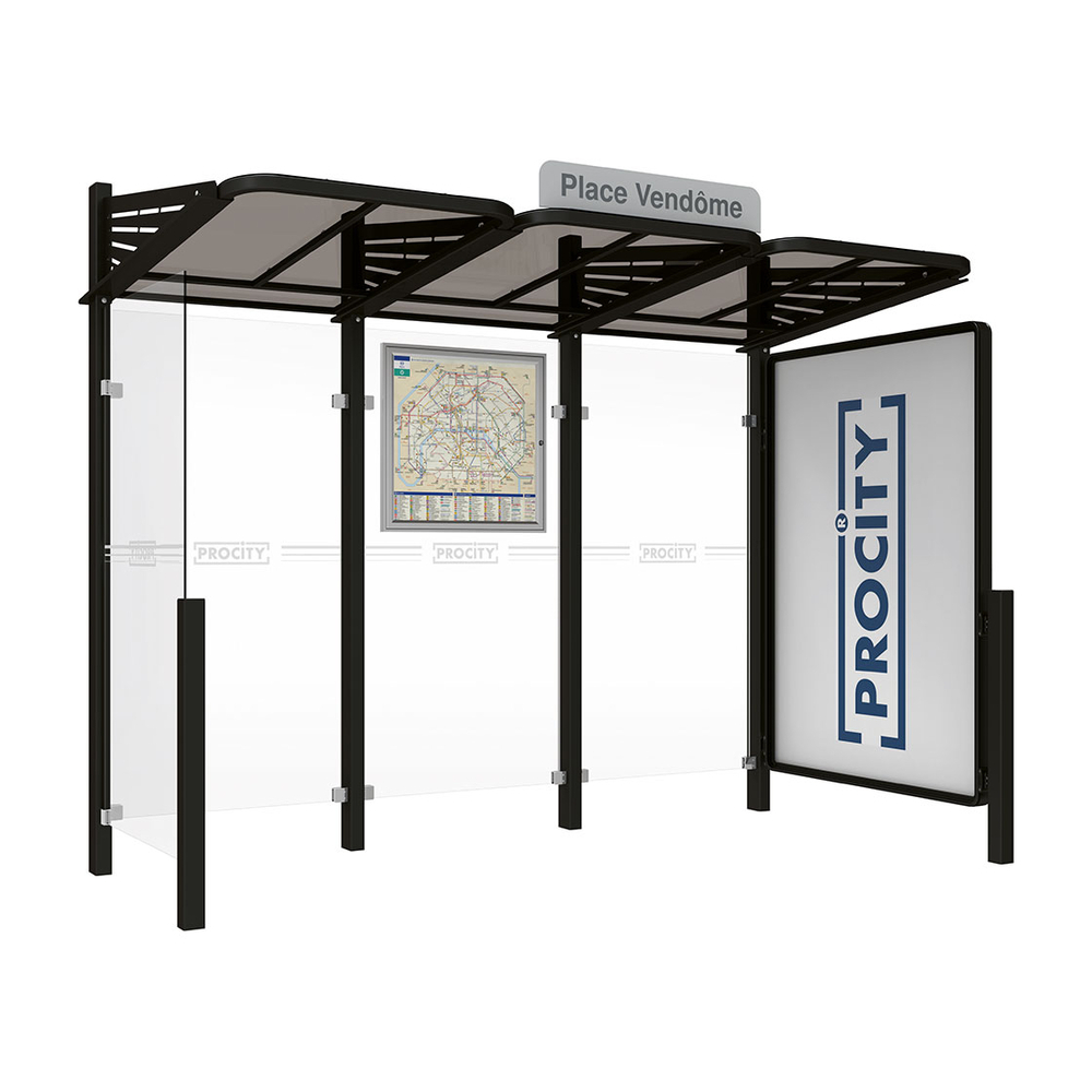 Station bus Conviviale bardages verre RAL9005 - Vitrine 2000mm à droite et bardage gauche - PROCITY - 529385.9005