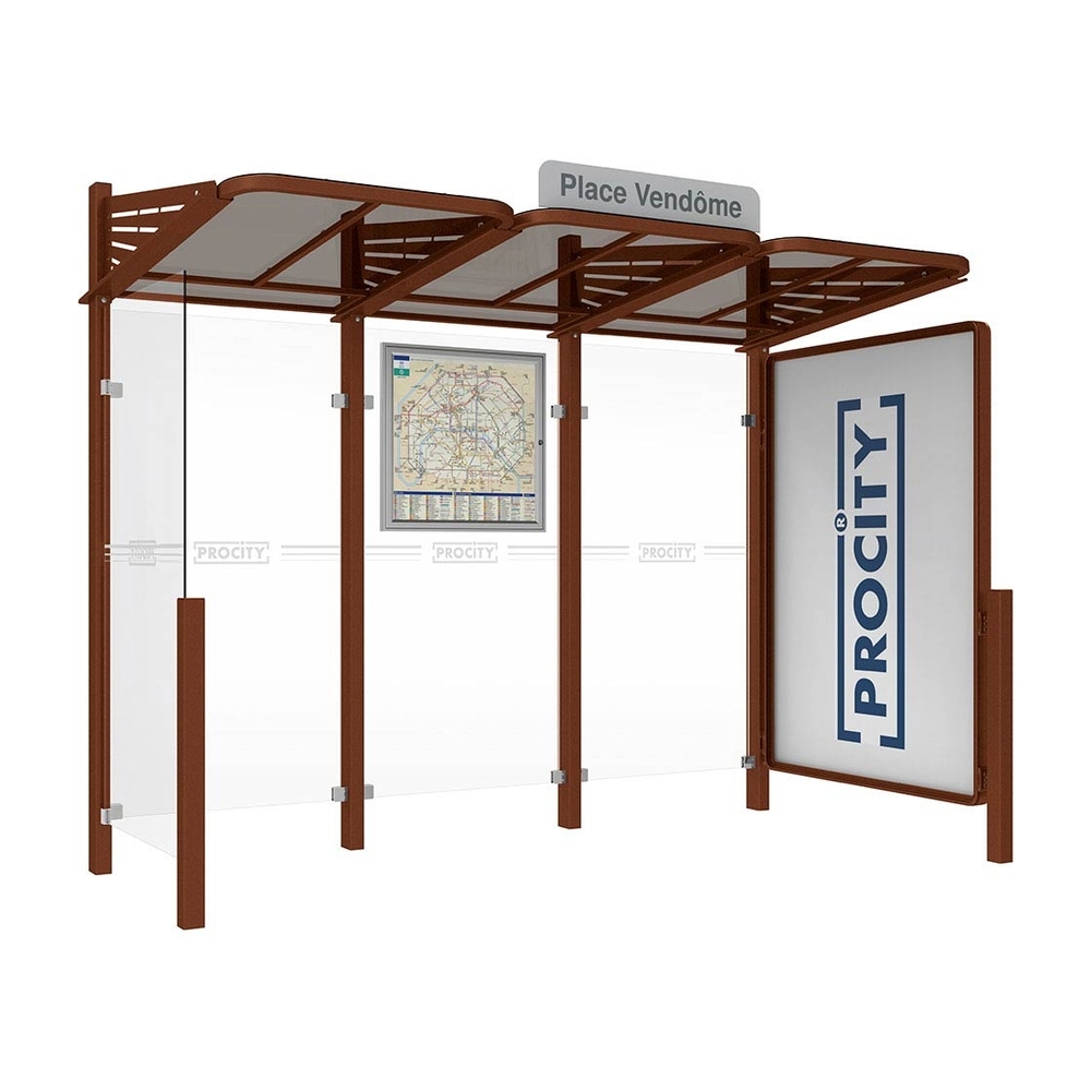 Station bus Conviviale bardages verre Aspect Corten - Vitrine 2000mm à droite et bardage gauche - PROCITY - 529385.S025