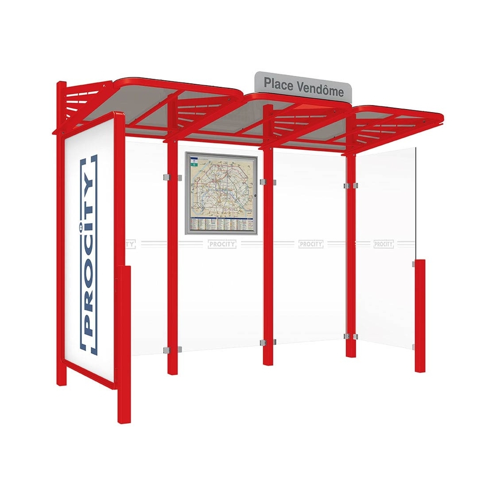 Station bus Conviviale bardages verre RAL3020 - Vitrine 2000mm à gauche et bardage droite - PROCITY - 529386.3020