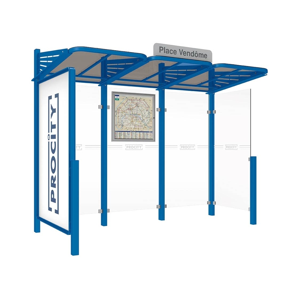 Station bus Conviviale bardages verre RAL5010 - Vitrine 2000mm à gauche et bardage droite - PROCITY - 529386.5010