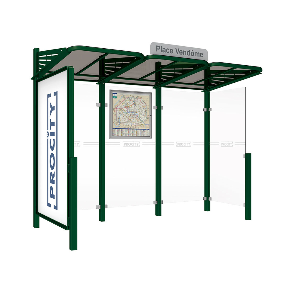 Station bus Conviviale bardages verre RAL6005 - Vitrine 2000mm à gauche et bardage droite - PROCITY - 529386.6005