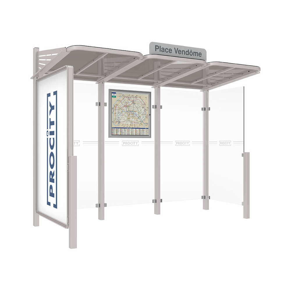 Station bus Conviviale bardages verre RAL7044 - Vitrine 2000mm à gauche et bardage droite - PROCITY - 529386.7044