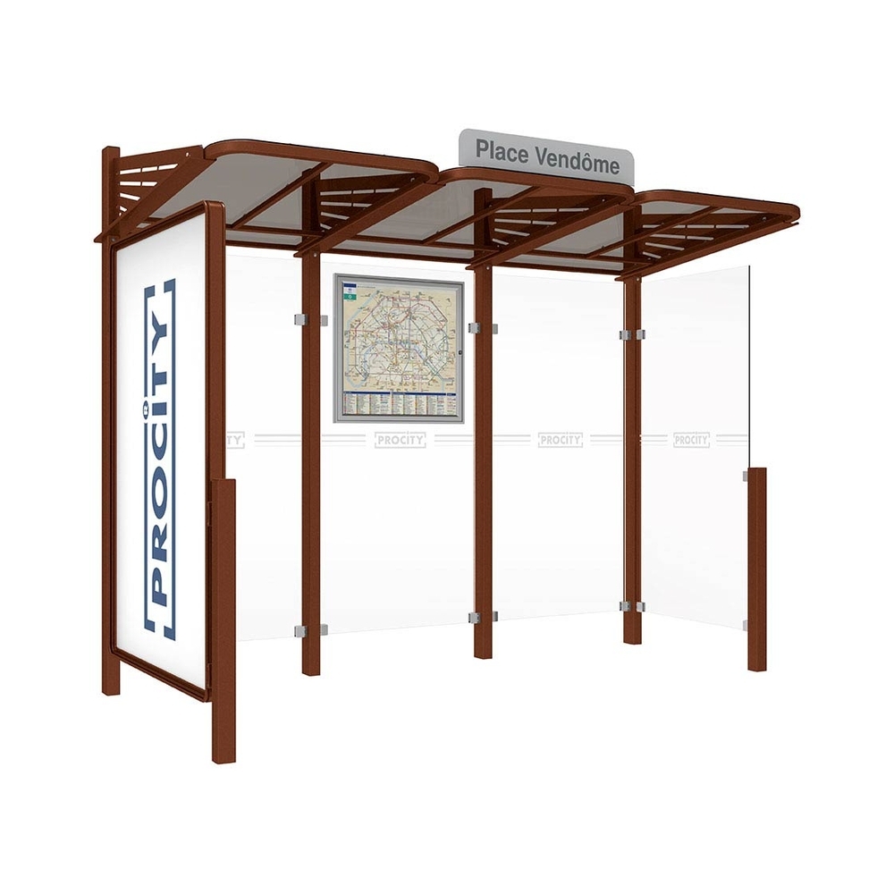 Station bus Conviviale bardages verre Aspect Corten - Vitrine 2000mm à gauche et bardage droite - PROCITY - 529386.S025