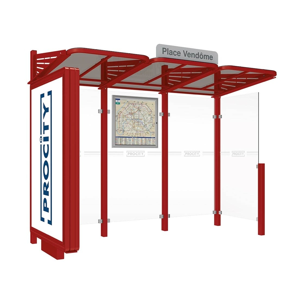 Station bus Conviviale bardages verre RAL3004 - Caisson lumineux VIP à gauche et bardage à droite - PROCITY - 529388.3004
