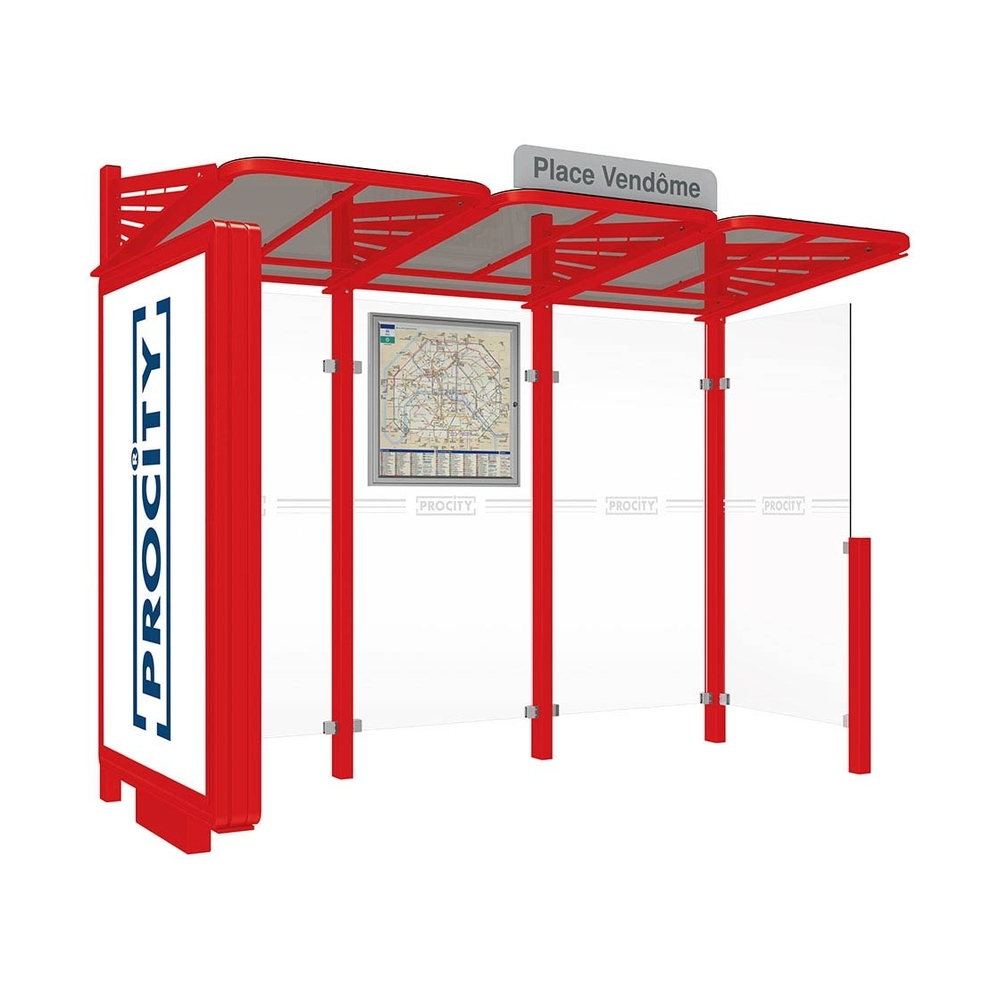 Station bus Conviviale bardages verre RAL3020 - Caisson lumineux VIP à gauche et bardage à droite - PROCITY - 529388.3020