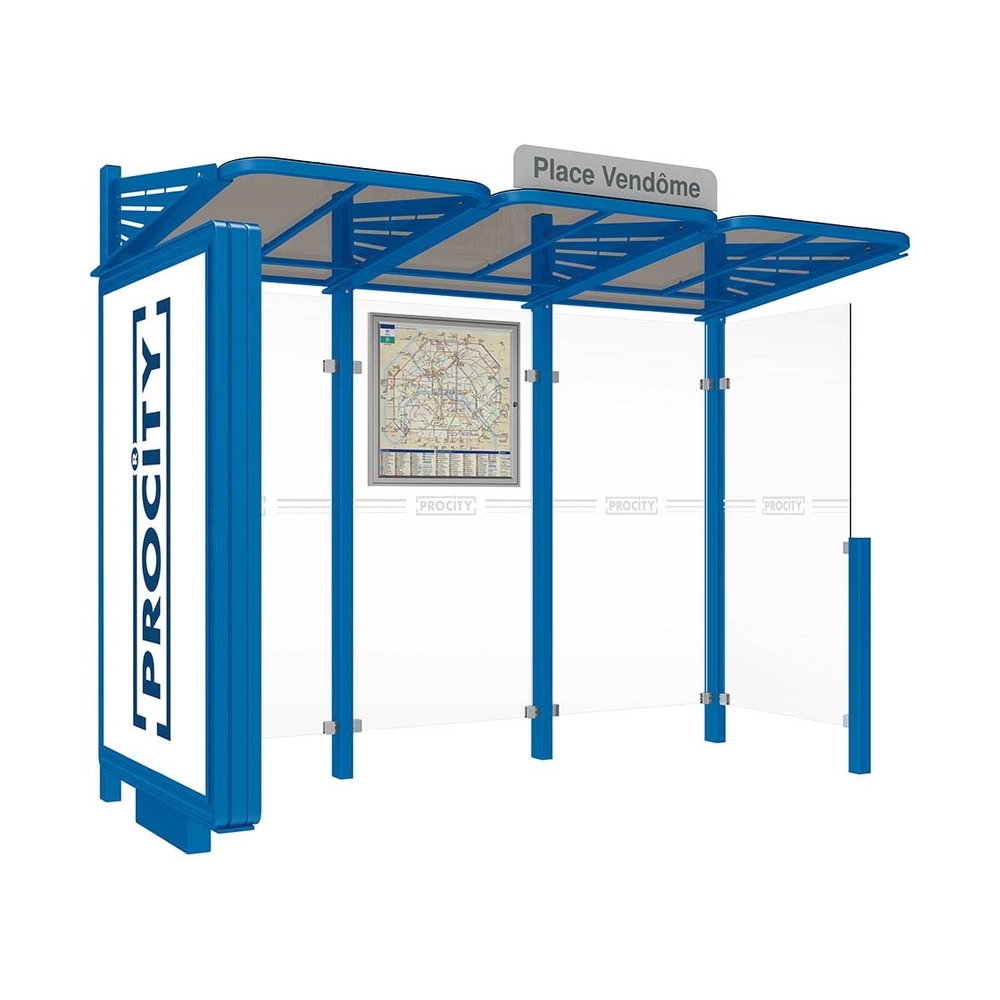 Station bus Conviviale bardages verre RAL5010 - Caisson lumineux VIP à gauche et bardage à droite - PROCITY - 529388.5010