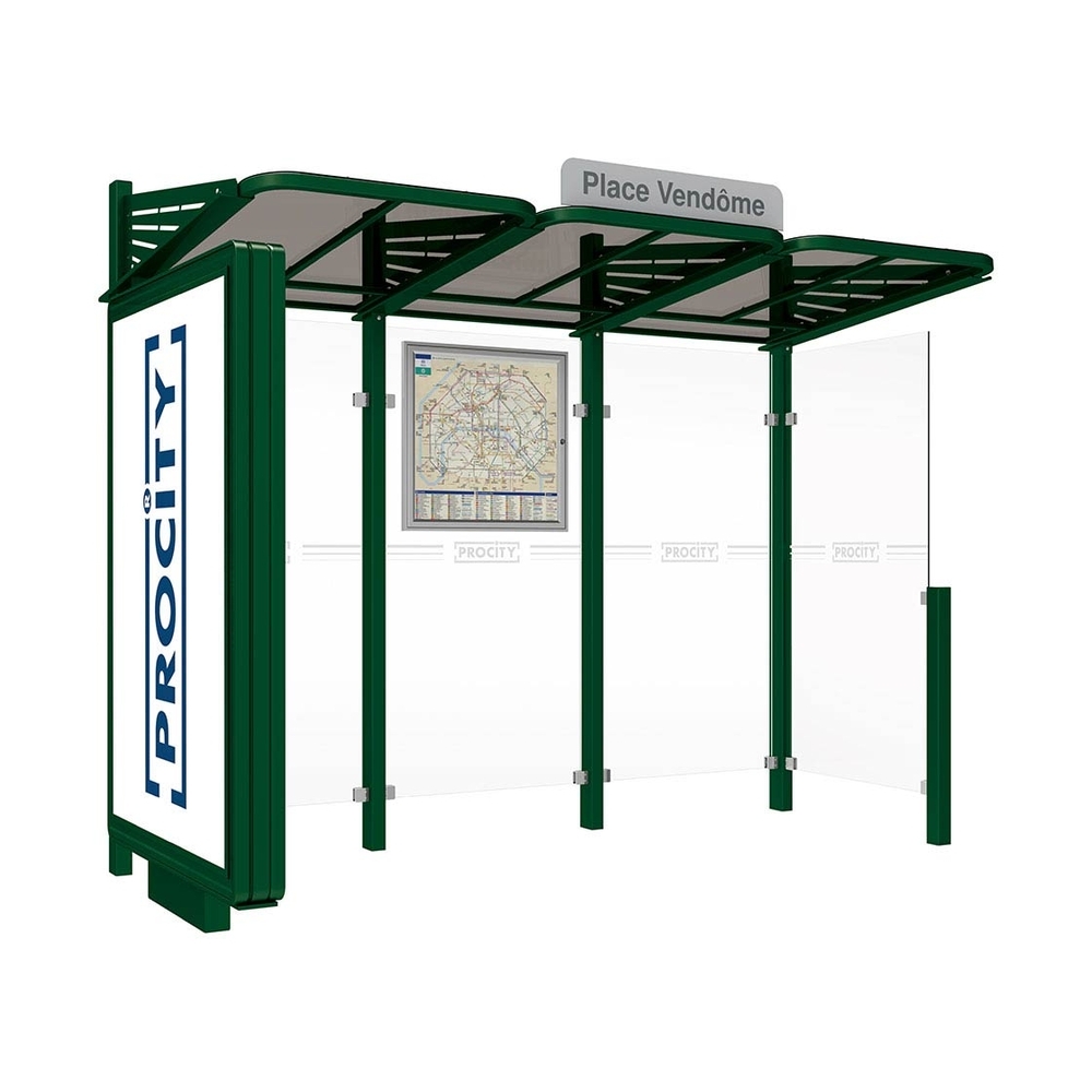 Station bus Conviviale bardages verre RAL6005 - Caisson lumineux VIP à gauche et bardage à droite - PROCITY - 529388.6005