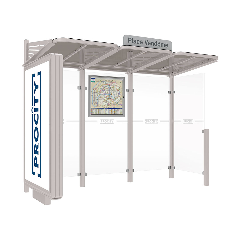 Station bus Conviviale bardages verre RAL7044 - Caisson lumineux VIP à gauche et bardage à droite - PROCITY - 529388.7044