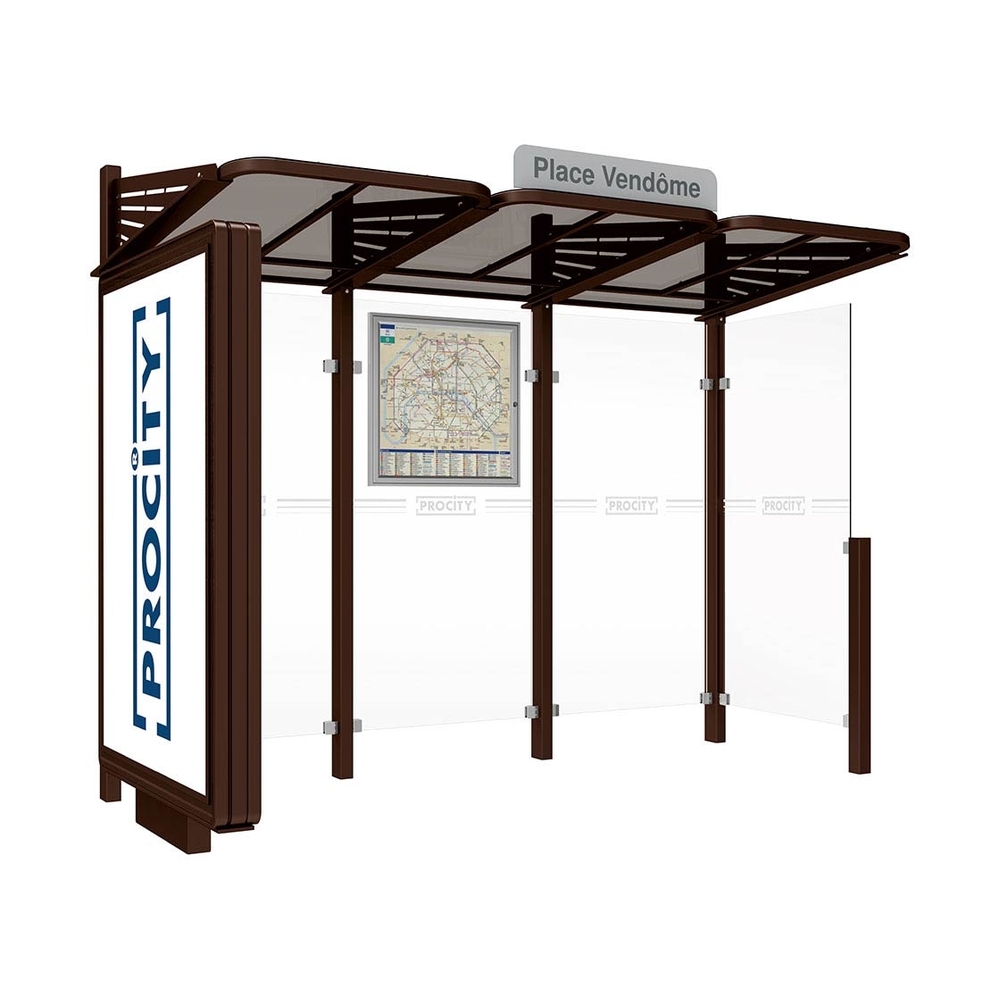 Station bus Conviviale bardages verre RAL8017 - Caisson lumineux VIP à gauche et bardage à droite - PROCITY - 529388.8017