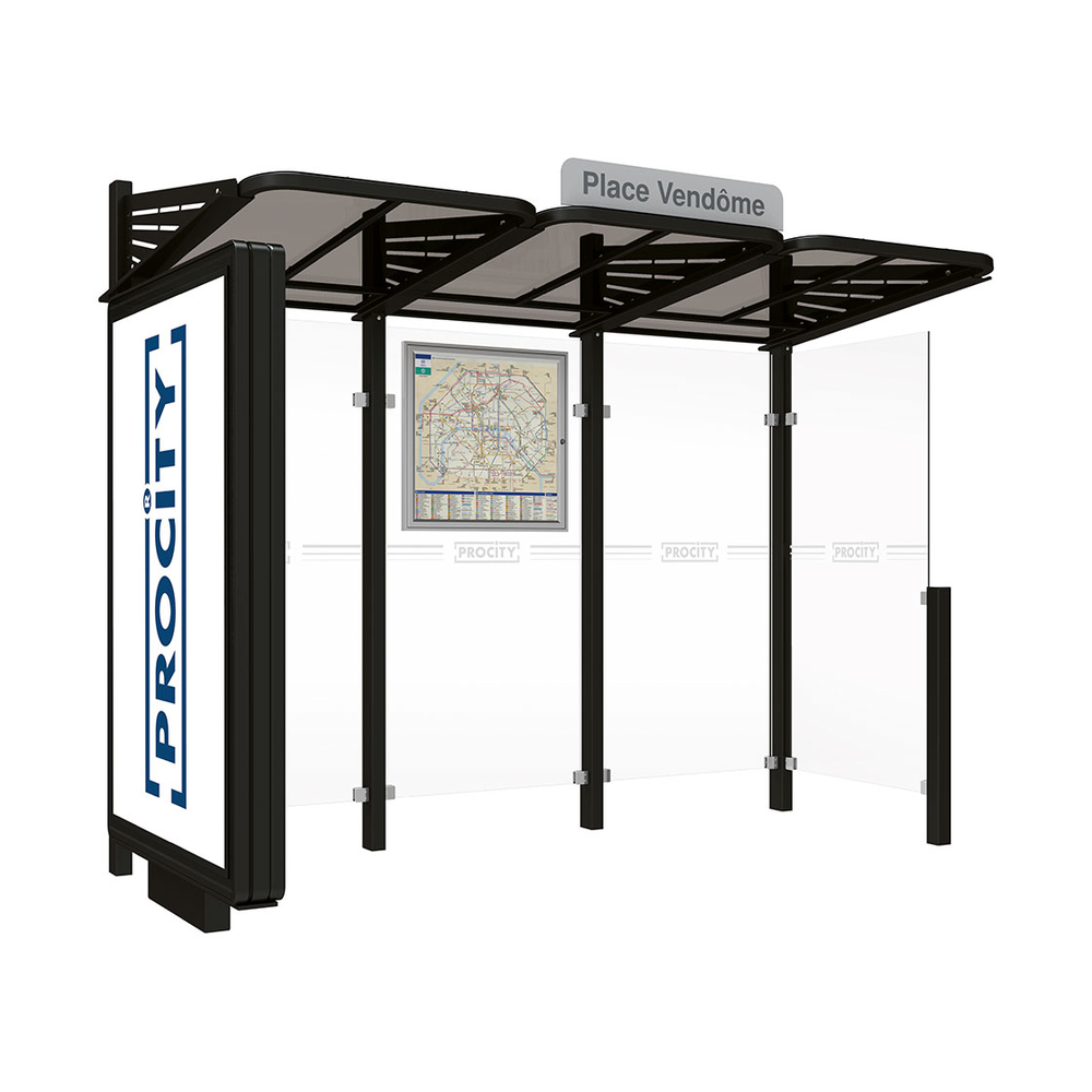 Station bus Conviviale bardages verre RAL9005 - Caisson lumineux VIP à gauche et bardage à droite - PROCITY - 529388.9005