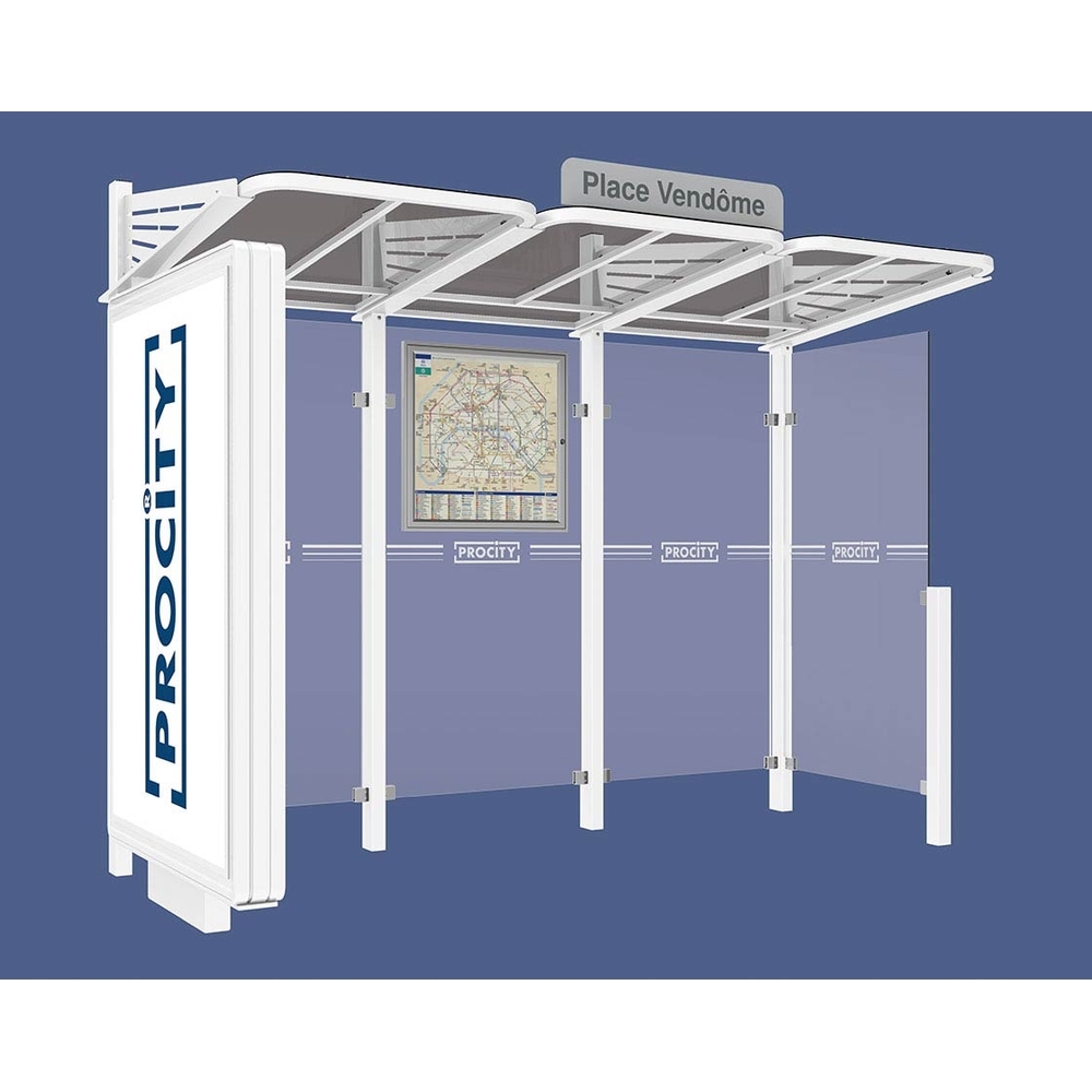 Station bus Conviviale bardages verre RAL9010 - Caisson lumineux VIP à gauche et bardage à droite - PROCITY - 529388.9010