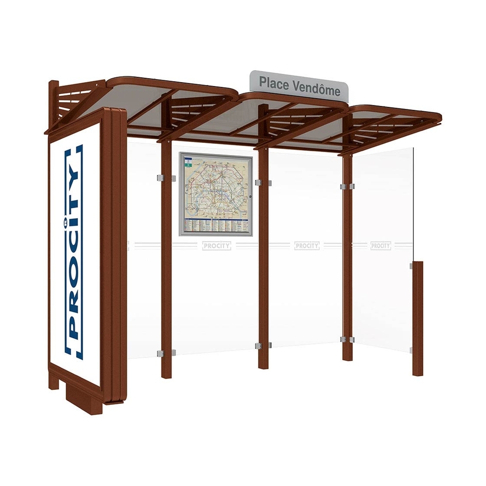 Station bus Conviviale bardages verre Aspect Corten - Caisson lumineux VIP à gauche et bardage à droite - PROCITY - 529388.S025