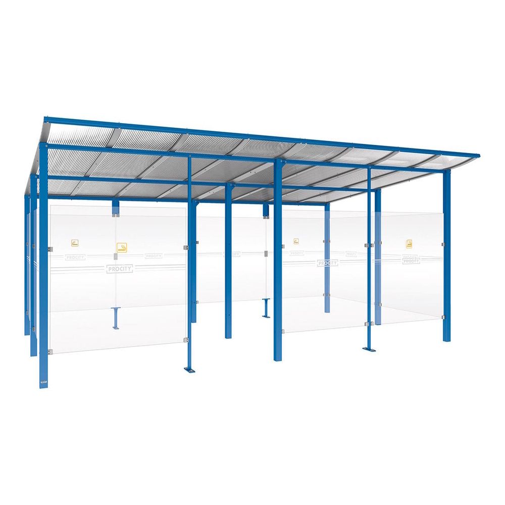 Abri fumeurs Modulo RAL5010 - bardage de retour avant - Scellement direct - Long 5000mm Prof 3400mm - PROCITY - 529575.5010