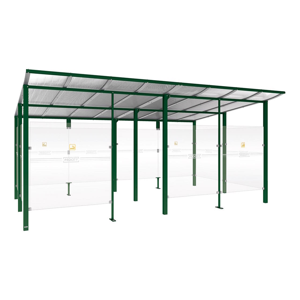 Abri fumeurs Modulo RAL6005 - bardage de retour avant - Scellement direct - Long 5000mm Prof 3400mm - PROCITY - 529575.6005