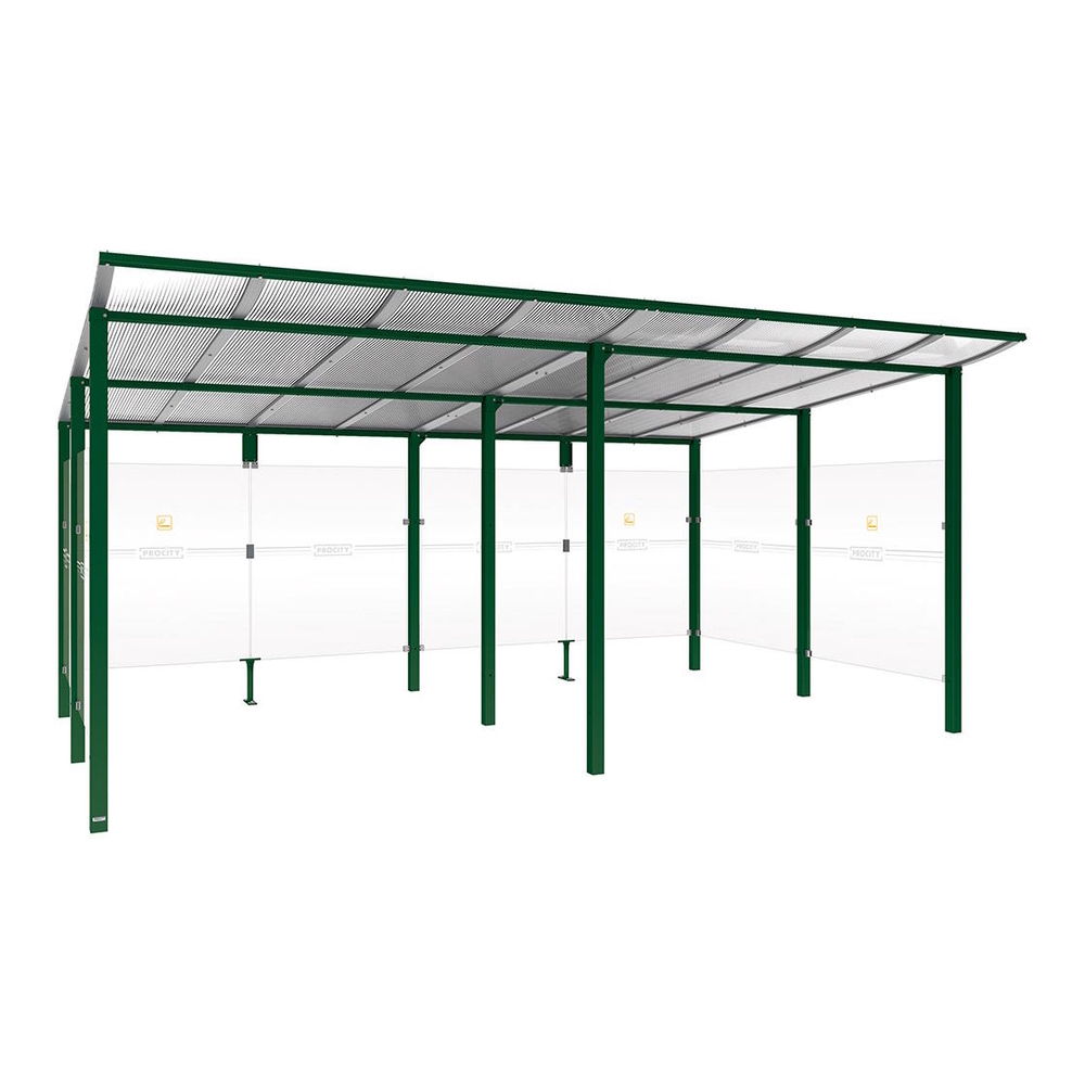 Abri fumeurs Modulo RAL6005 - Sans bardage de retour avant - Scellement direct - Long 5000mm Prof 3400mm - PROCITY - 529577.6005