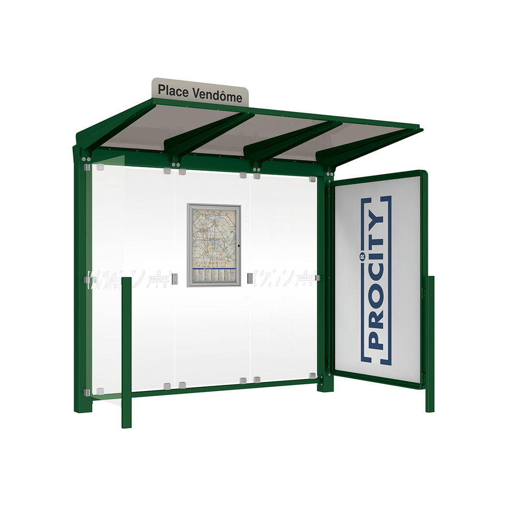 Station bus Venise RAL6005 - 2500 mm - une vitrine 2000mm et un bardage latéral - PROCITY - 529652.6005