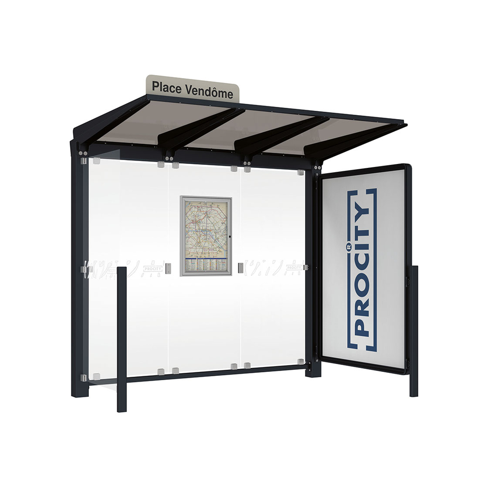 Station bus Venise RAL9005 - 2500 mm - une vitrine 2000mm et un bardage latéral - PROCITY - 529652.9005