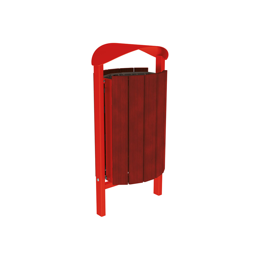 Corbeille Silaos acier et bois 50 litres RAL3020 - Chêne lasuré acajou - Sans cendrier - Scellement direct - PROCITY - 594145.3020.ACAJ