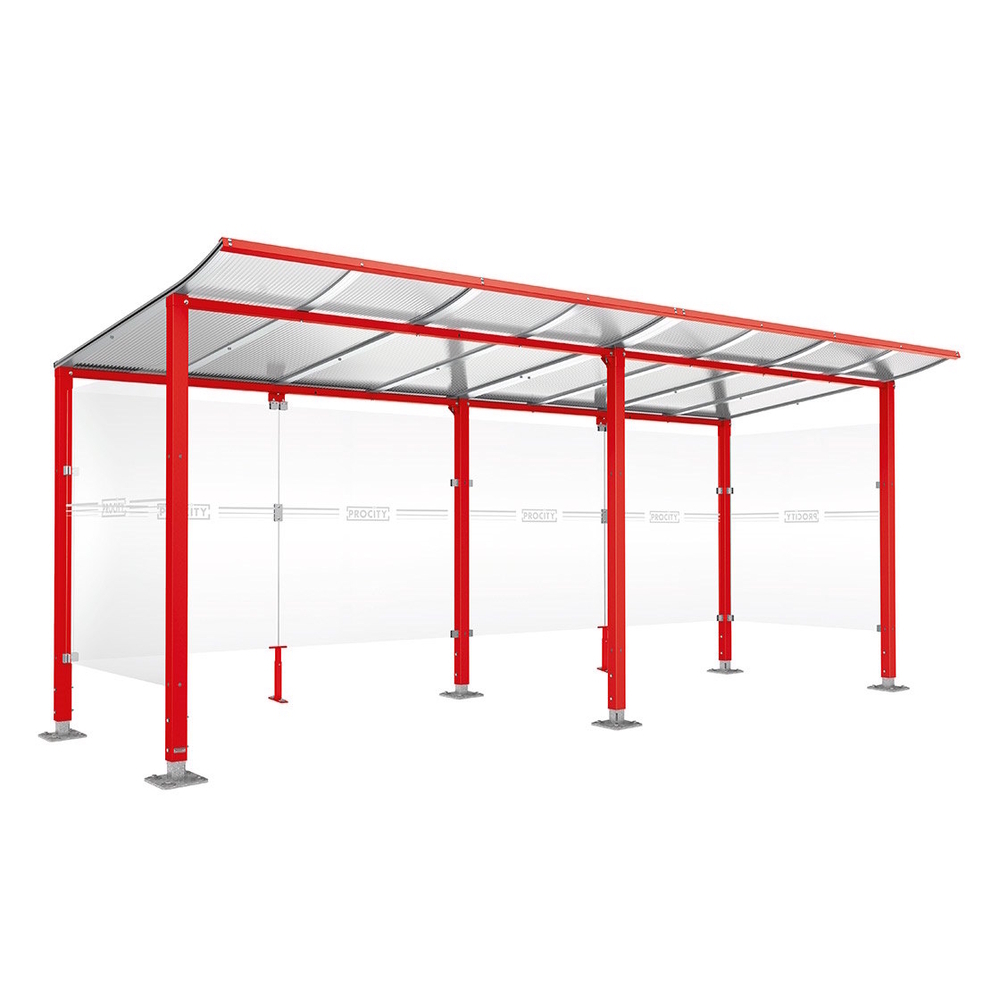 Abri vélos Modulo bardages en verre RAL3020 - initial + compl + bardages de fond et latéraux - Sur platines - Prof 2000mm - PROCITY - 599171.3020