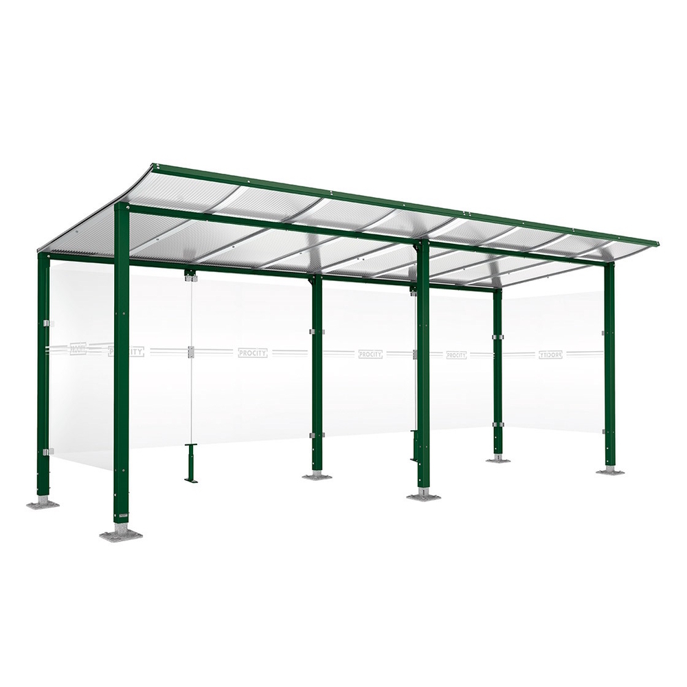 Abri vélos Modulo bardages en verre RAL6005 - initial + compl + bardages de fond et latéraux - Sur platines - Prof 2000mm - PROCITY - 599171.6005