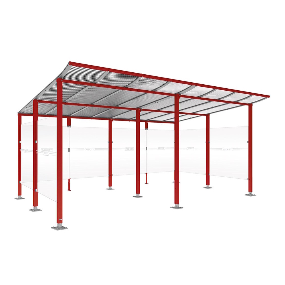 Abri vélos Modulo bardages en verre RAL3004 - initial + compl + bardages de fond et latéraux - Sur platines - Prof 3400mm - PROCITY - 599191.3004