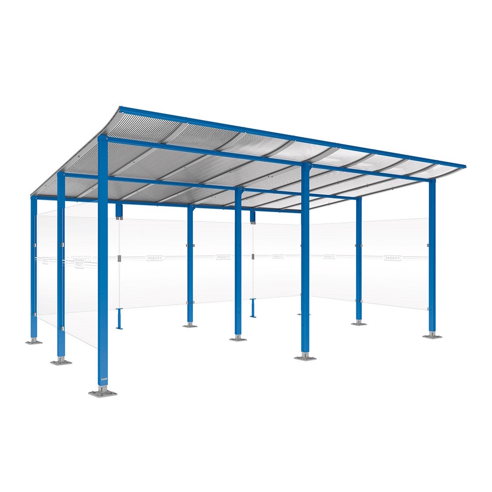 Abri vélos Modulo bardages en verre RAL5010 - initial + compl + bardages de fond et latéraux - Sur platines - Prof 3400mm - PROCITY - 599191.5010