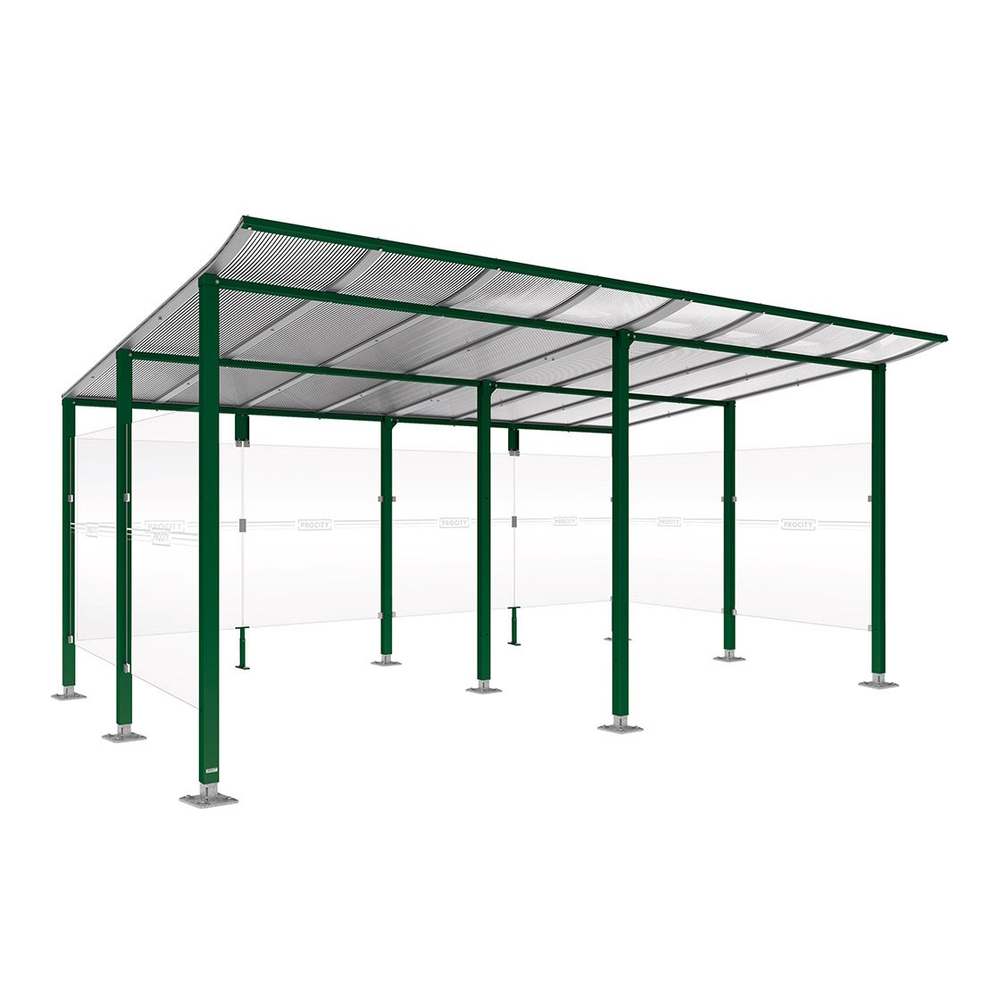 Abri vélos Modulo bardages en verre RAL6005 - initial + compl + bardages de fond et latéraux - Sur platines - Prof 3400mm - PROCITY - 599191.6005