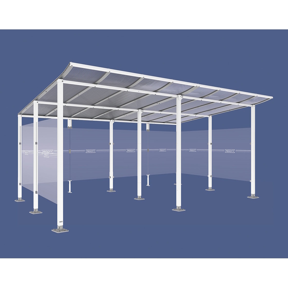 Abri vélos Modulo bardages en verre RAL9010 - initial + compl + bardages de fond et latéraux - Sur platines - Prof 3400mm - PROCITY - 599191.9010
