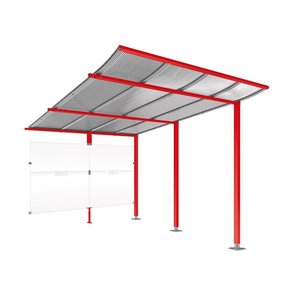 Abri vélos Modulo bardages en verre RAL3020 - compl + bardage de fond - Sur platines - Prof 3400mm - PROCITY - 599192.3020