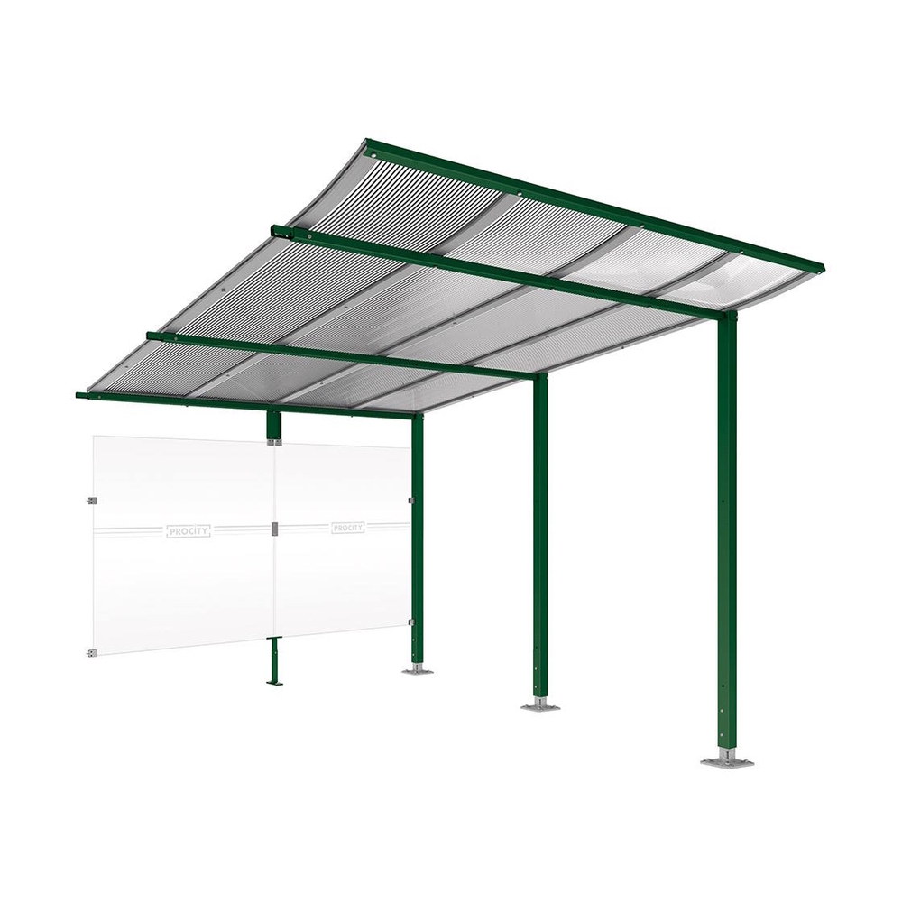 Abri vélos Modulo bardages en verre RAL6005 - compl + bardage de fond - Sur platines - Prof 3400mm - PROCITY - 599192.6005