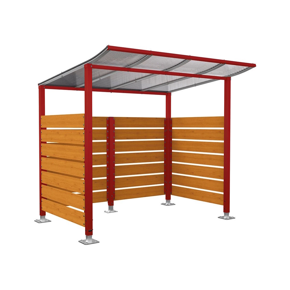 Abri vélos Modulo bardages en stratifié compact RAL3004 - Stratifié chêne clair - Initial + bardage de fond et latéraux - Sur platines - Prof 2000mm - PROCITY - 599213.3004.CHEC