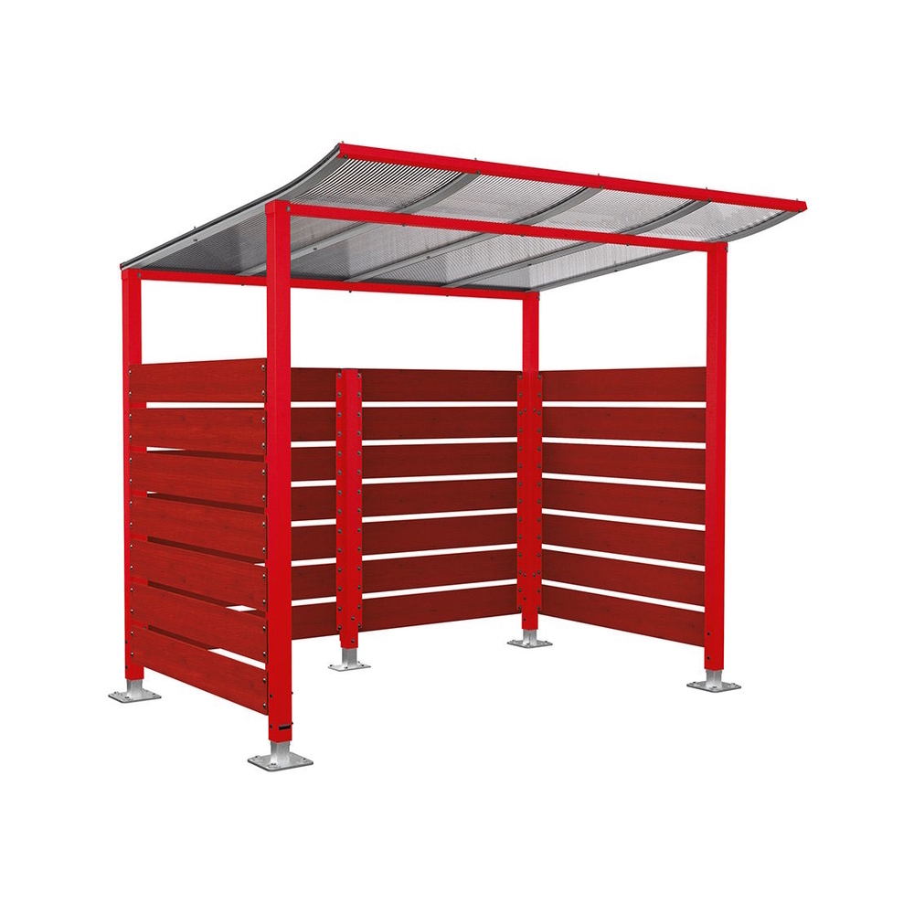 Abri vélos Modulo bardages en stratifié compact RAL3020 - Stratifié acajou - Initial + bardage de fond et latéraux - Sur platines - Prof 2000mm - PROCITY - 599213.3020.ACAJ