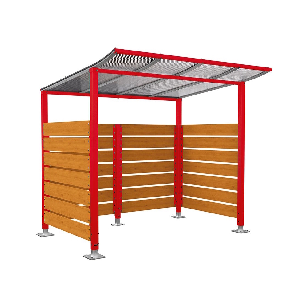 Abri vélos Modulo bardages en stratifié compact RAL3020 - Stratifié chêne clair - Initial + bardage de fond et latéraux - Sur platines - Prof 2000mm - PROCITY - 599213.3020.CHEC