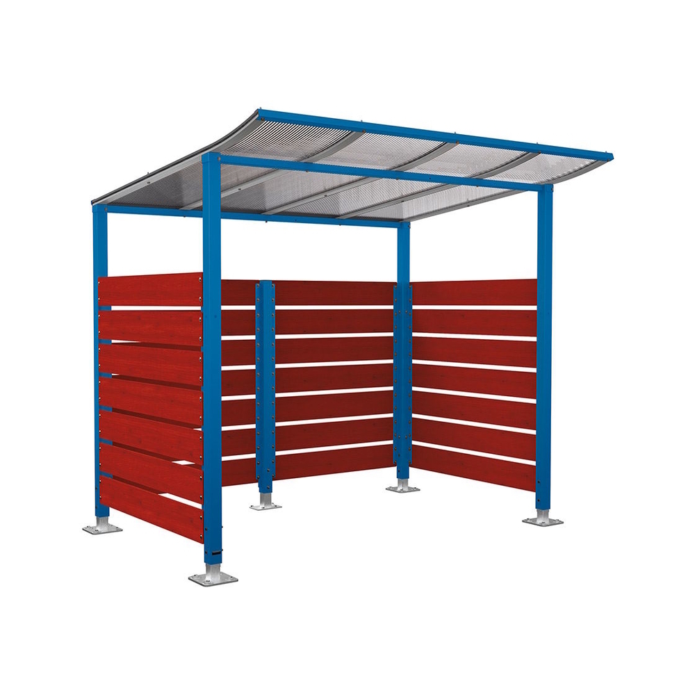 Abri vélos Modulo bardages en stratifié compact RAL5010 - Stratifié acajou - Initial + bardage de fond et latéraux - Sur platines - Prof 2000mm - PROCITY - 599213.5010.ACAJ