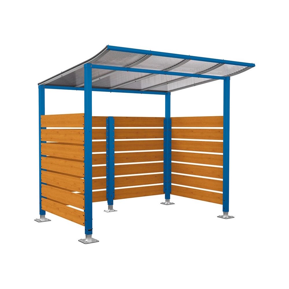 Abri vélos Modulo bardages en stratifié compact RAL5010 - Stratifié chêne clair - Initial + bardage de fond et latéraux - Sur platines - Prof 2000mm - PROCITY - 599213.5010.CHEC