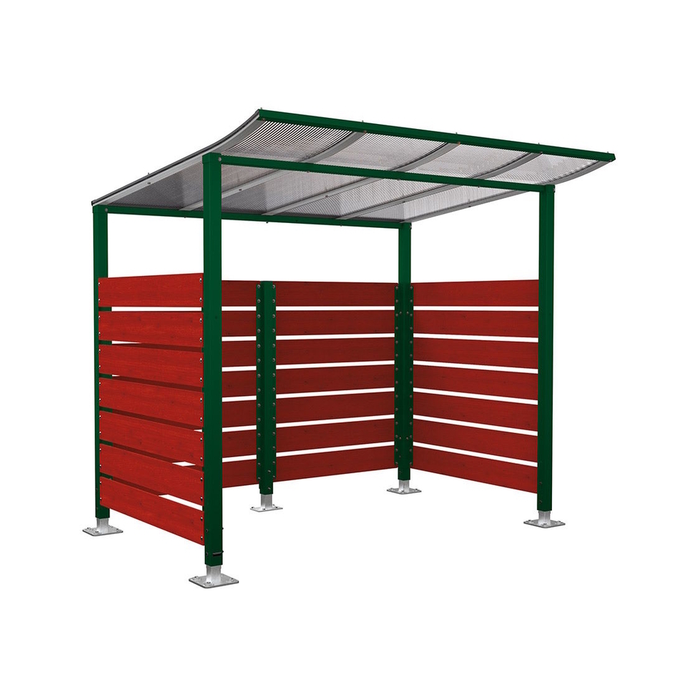 Abri vélos Modulo bardages en stratifié compact RAL6005 - Stratifié acajou - Initial + bardage de fond et latéraux - Sur platines - Prof 2000mm - PROCITY - 599213.6005.ACAJ