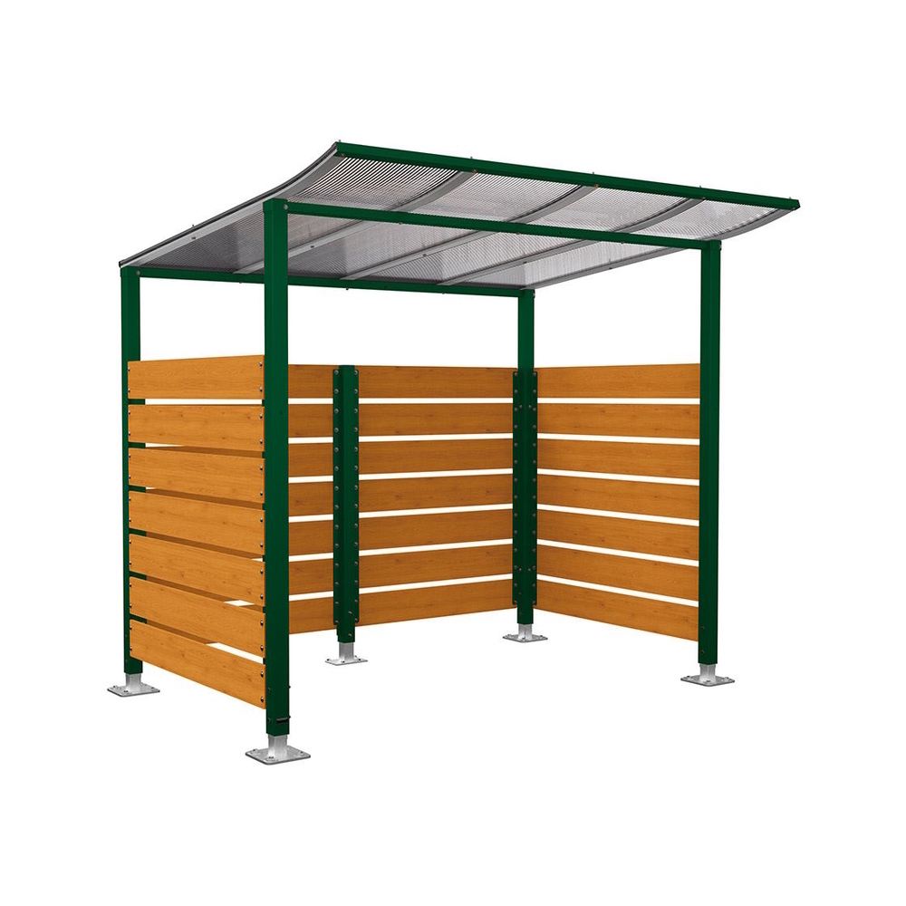 Abri vélos Modulo bardages en stratifié compact RAL6005 - Stratifié chêne clair - Initial + bardage de fond et latéraux - Sur platines - Prof 2000mm - PROCITY - 599213.6005.CHEC