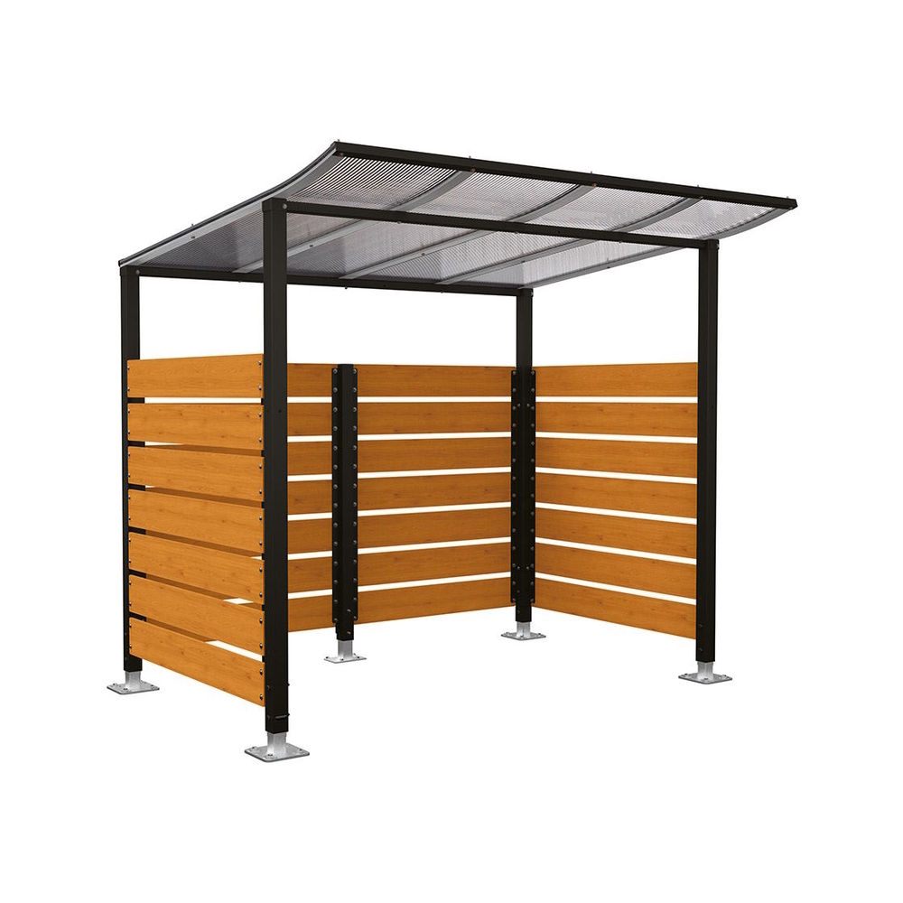 Abri vélos Modulo bardages en stratifié compact RAL9005 - Stratifié chêne clair - Initial + bardage de fond et latéraux - Sur platines - Prof 2000mm - PROCITY - 599213.9005.CHEC