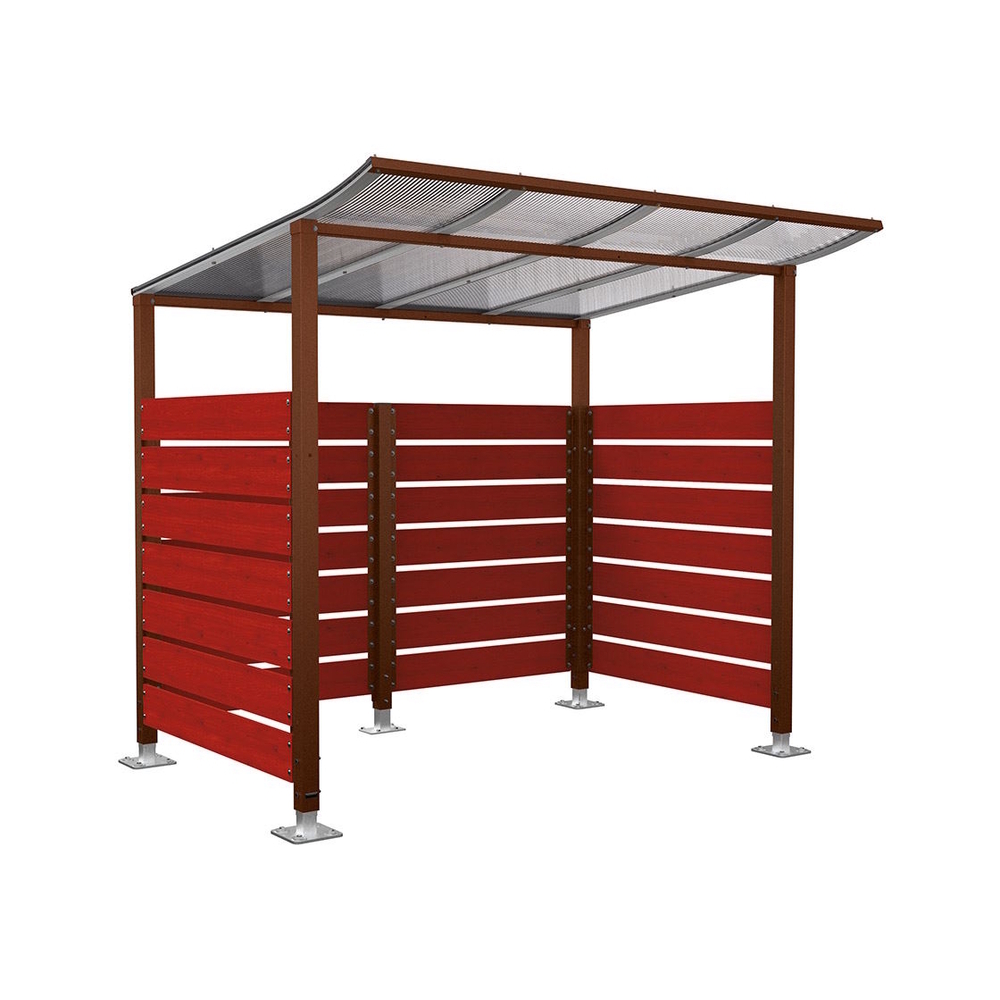 Abri vélos Modulo bardages en stratifié compact Aspect Corten - Stratifié acajou - Initial + bardage de fond et latéraux - Sur platines - Prof 2000mm - PROCITY - 599213.S025.ACAJ