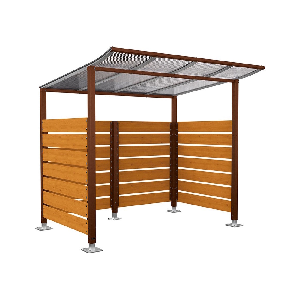 Abri vélos Modulo bardages en stratifié compact Aspect Corten - Stratifié chêne clair - Initial + bardage de fond et latéraux - Sur platines - Prof 2000mm - PROCITY - 599213.S025.CHEC