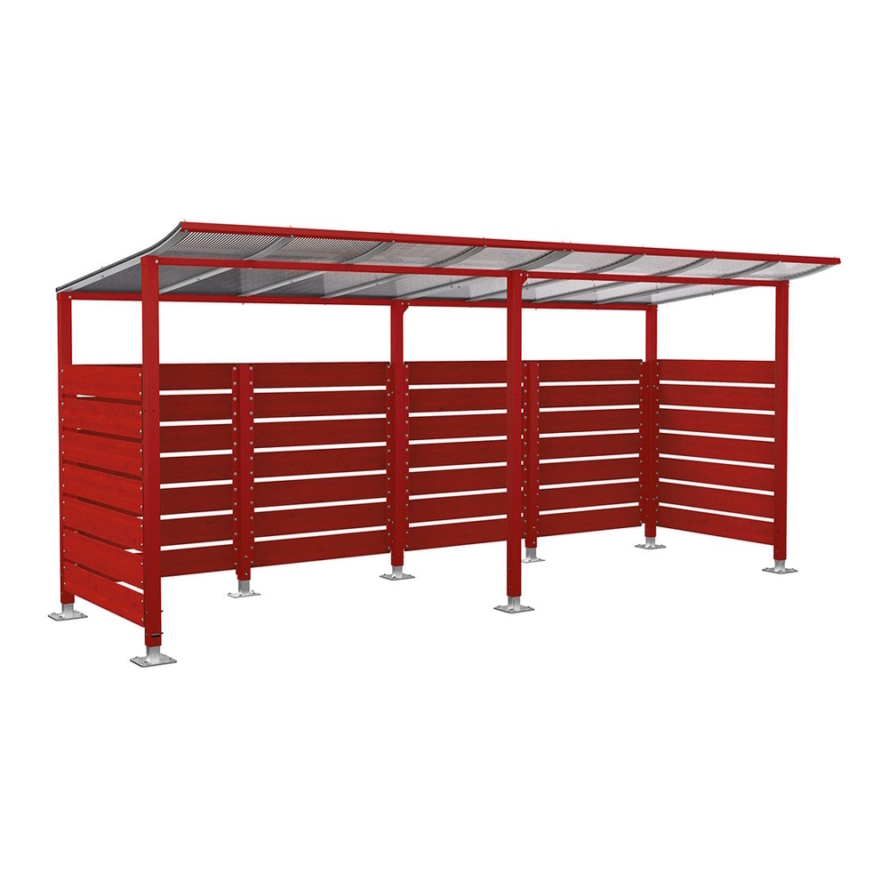 Abri vélos Modulo bardages en stratifié compact RAL3004 - Stratifié acajou - initial + compl + bardages de fond et latéraux - Sur platines - Prof 2000mm - PROCITY - 599214.3004.ACAJ